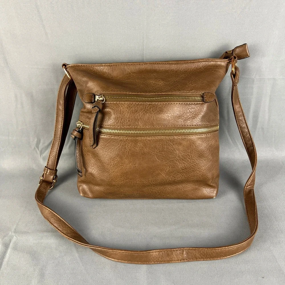 Womens Fashion Crossbody Bag Brown Leather Multiple Zip Pockets Adjustable Strap